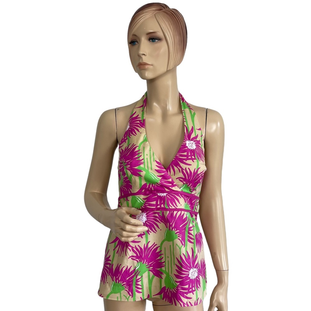 Lilly Pulitzer Straw Coastal Kiss Halter Stretch Poplin Willa Floral Top 2